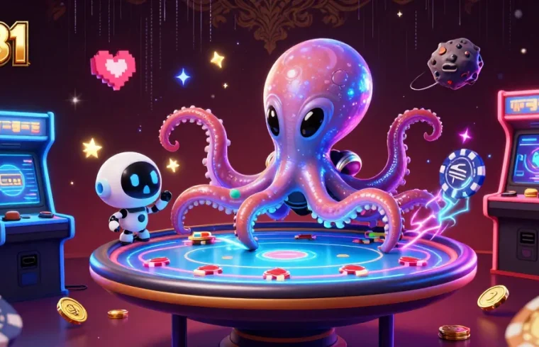 U31 showcases a vibrant alien octopus dealing cards at a holographic poker table, with dynamic casino elements.